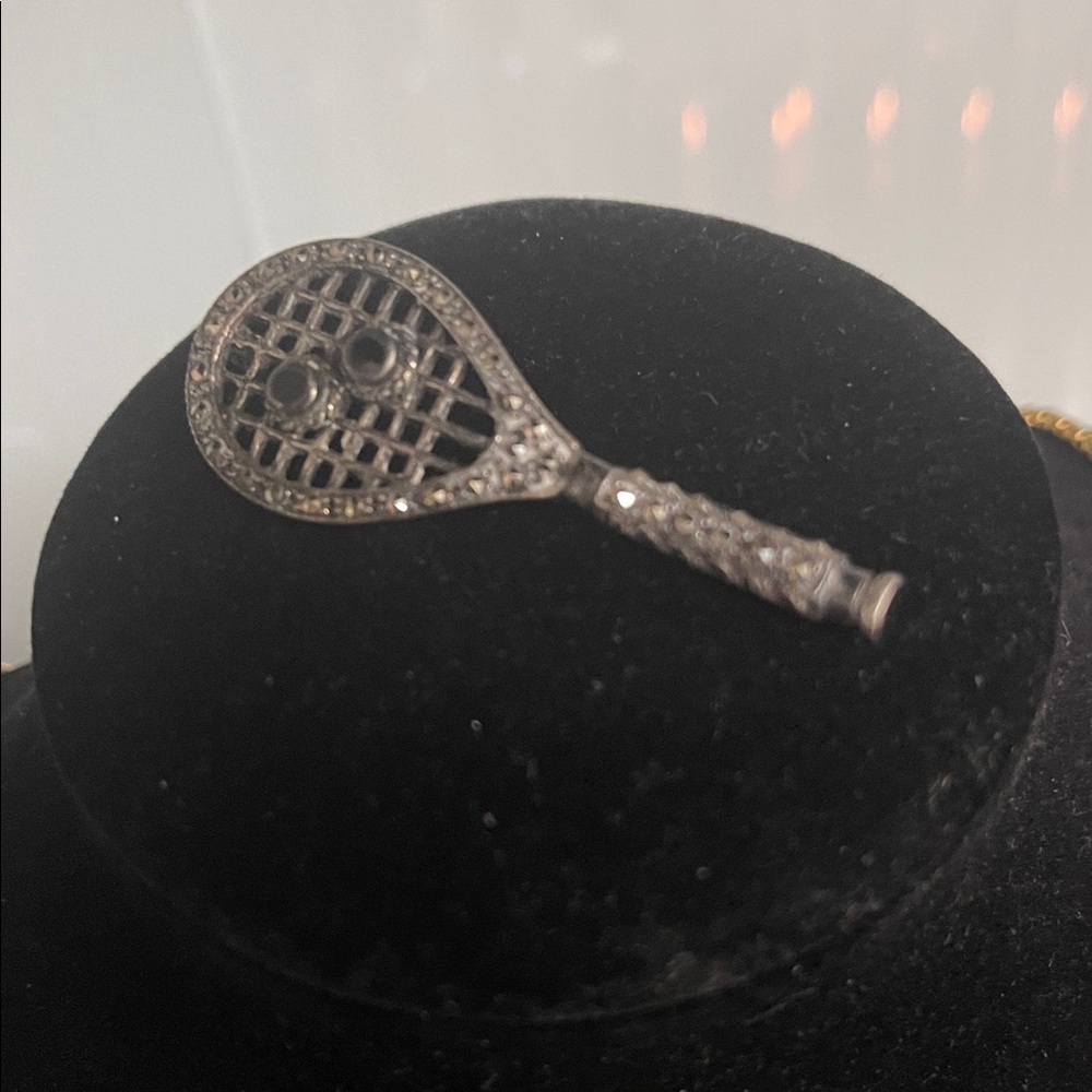 sterling Silver Tennis Racket Brooch vintage marcasite